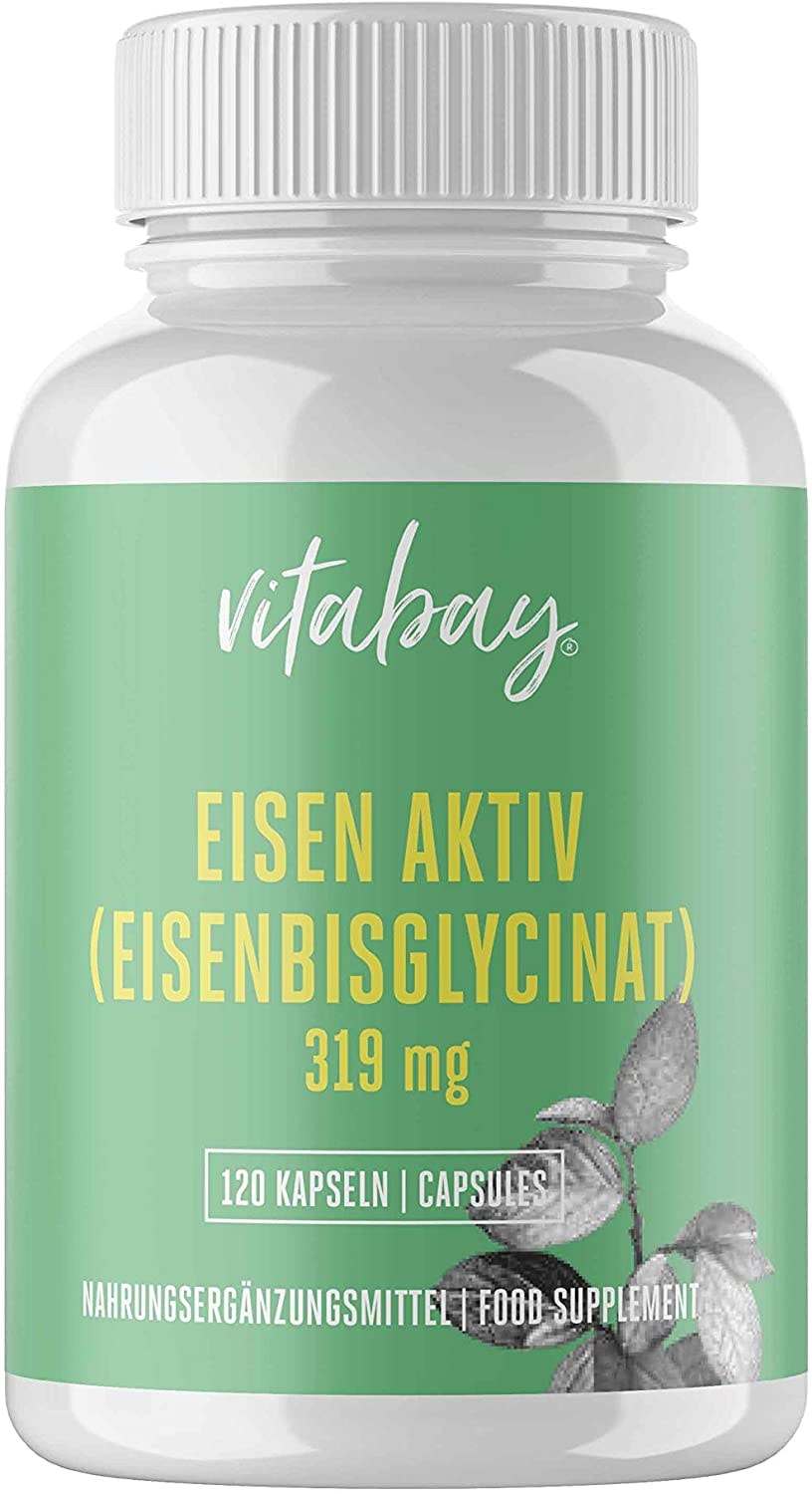Vitabay Eisen Aktiv aus Eisenbisglycinat 319 mg • 120 vegane Kapseln • Extra hochdosiert & bioverfügbar • 100% Pflanzlich • Hypoallergen • Made in Germany