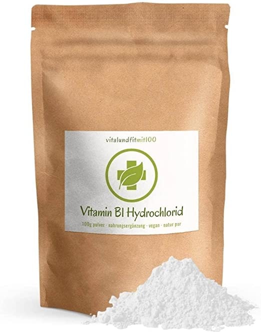 vitalundfitmit100 Vitamin B1 Hydrochlorid (Thiamin) - 100 g - hochdosiert, hochrein, natürlich und vegan - hohe Bioverfügbarkeit - gentechnikfrei - ohne Hilfs- und Zusatzstoffe - MADE IN GERMANY