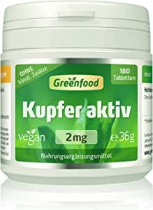 Greenfood Kupfer aktiv, 2 mg, hochdosiert, 180 Tabletten, vegan - gut für Haar- und Hautpigmentierung, Energiestoffwechsels und Immunstystem. OHNE künstliche Zusätze. Ohne Gentechnik.