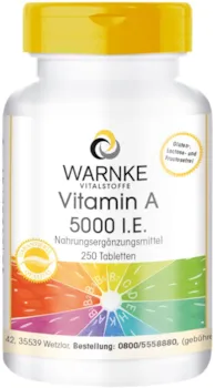 WARNKE VITALSTOFFE Vitamin A 5000 I.E 1500µg Retinol (Retinylacetat) pro Tablette hochdosiert & vegan 250 Tabletten