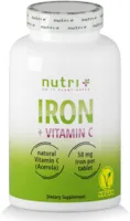 nutri + Eisentabletten 50mg hochdosiert vegan mit natürlichem Vitamin C aus Acerola 90 Eisen-Bisglycinat Tabletten für Vegetarier, Schwangere, Stillende, Veganer, Kinder & Müdigkeit
