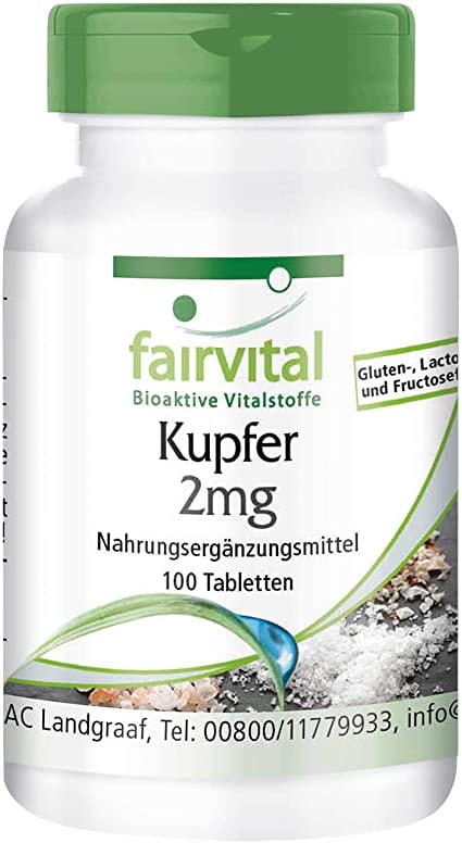 fairvital - Kupfer Tabletten 2mg - HOCHDOSIERT - Nahrungsergänzungsmittel aus Kupferbisglycinat - Vegan - 100 Tabletten