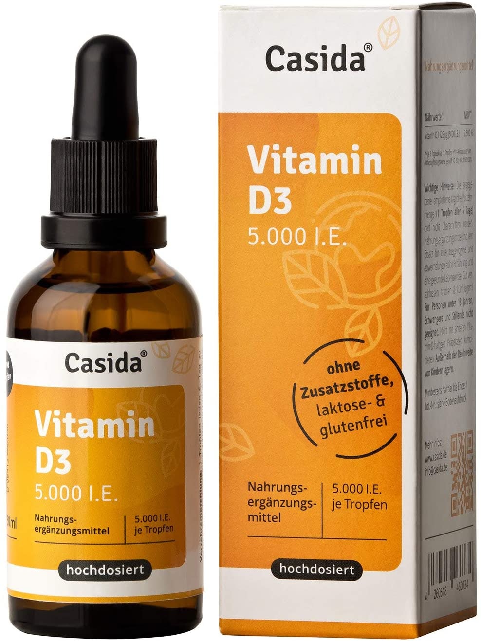Casida® Vitamin D3 Tropfen 5000 I.E. Hochdosierte, flüssige Vitamin D3 Tropfen, gelöst in hochwertigem MCT Öl - Aus der Apotheke - 50 ml