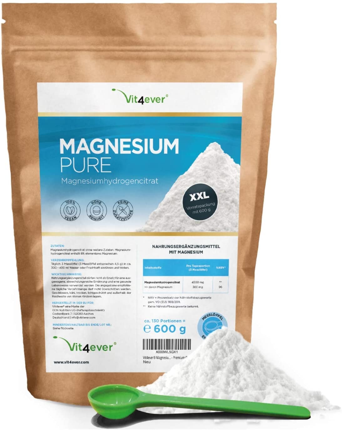 Vit4ever - Magnesium Pure - 600 g Pulver (4,3 Monate Vorrat) - Laborgeprüft (Wirkstoffgehalt & Reinheit) - Reines Pulver ohne Zusatzstoffe - Premium Qualität - Vegan
