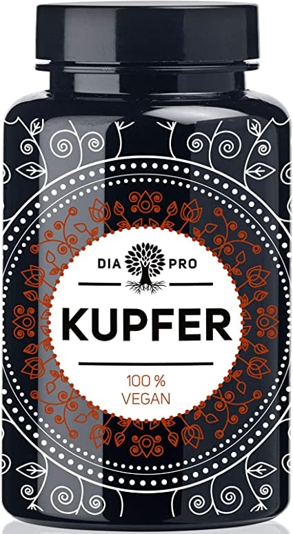 DiaPro® Kupfer 365 Hochdosierte Kupfer-Tabletten mit 2 mg Kupfer pro Tablette aus Kupfer-Gluconat 365 Stück Jahresvorrat 100% Vegan Laborgeprüft Hergestellt in Deutschland