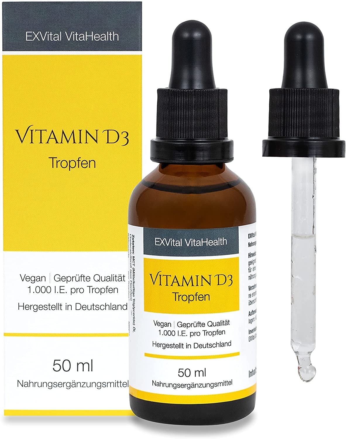 Exvital Test: SEHR GUT, Vitamin D3 – 25 μg pro Tropfen- Laborgeprüft - 50ml - In MCT-Öl aus Kokos - Hochdosiert & in Premiumqualität, vegan. Mit K2 kombinierbar