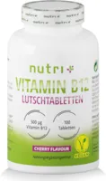 nutri + Vitamin B12 Lutschtabletten Vit B12 vegan & hochdosiert aktives Methylcobalamin ohne Laktose 500µg (mcg) - 100 vegane Tabletten zum Lutschen - Geschmack Kirsche