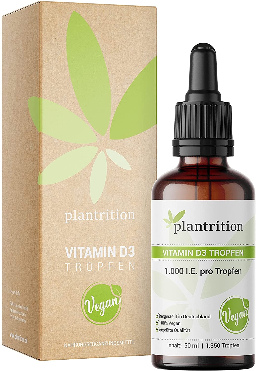 plantrition Vitamin D3 Tropfen Vegan 1000 I.E. pro Tropfen 1.350 Tropfen Vitamin D Öl - Vitamin D3 aus Flechten (Cholecalciferol) MCT Öl Kokosbasis Made in Germany - 1 Flasche (50ml)