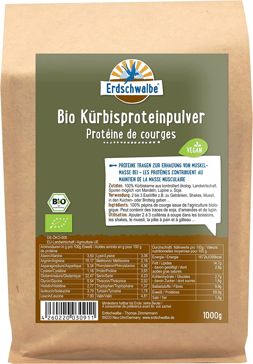 Erdschwalbe Bio Kürbiskern Protein - 58% Proteingehalt - Veganes Eiweißpulver - 1 Kg